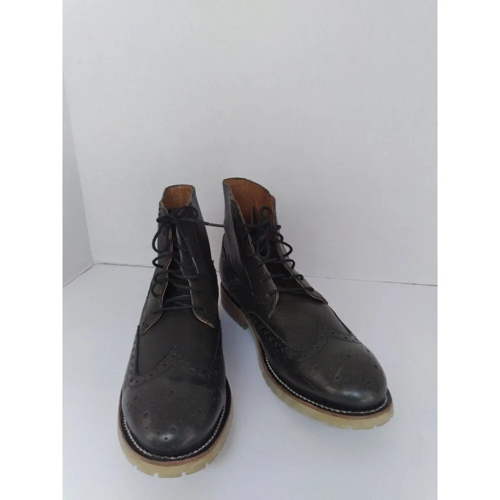 Classic Leather Wingtip Combat Boots‎ Black Brogue Lace-up Ankle Boots.
